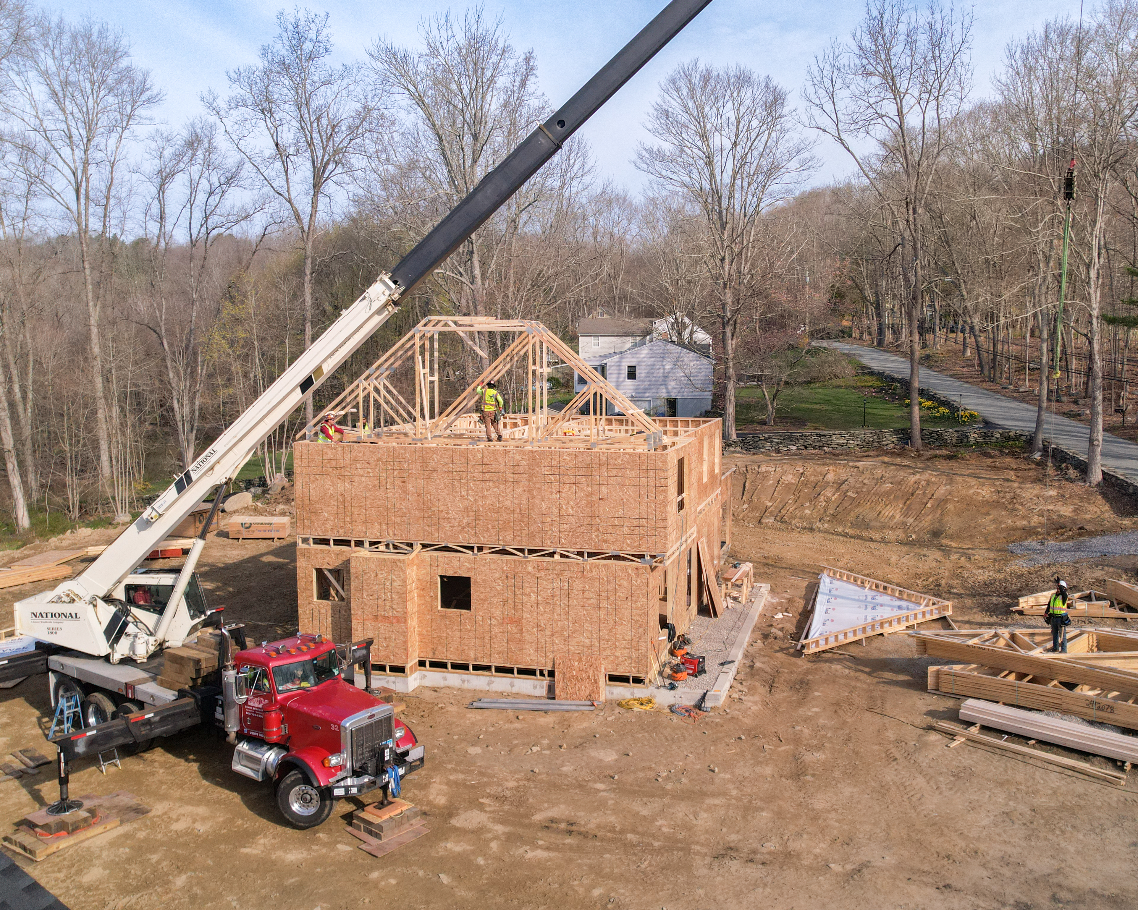 Roof trusses staged for installation